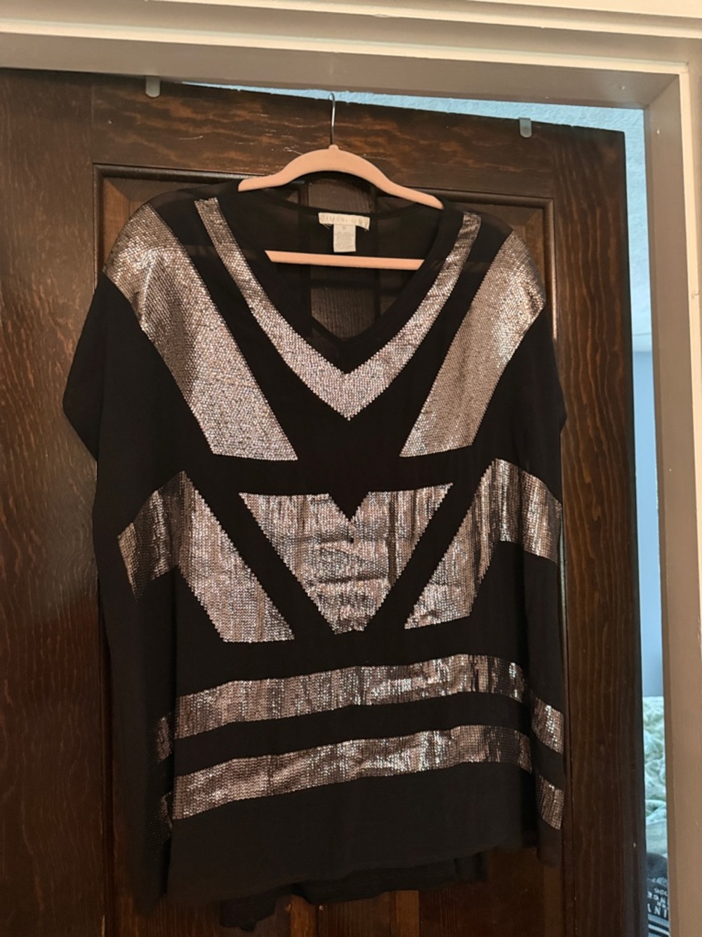 Design History Black Top with Silver Sequin Chevron Accents